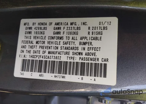 2012 Honda Accord 2.4 Lx-P z USA, uszkodzony, nr VIN 1HGCP2F45CA073802